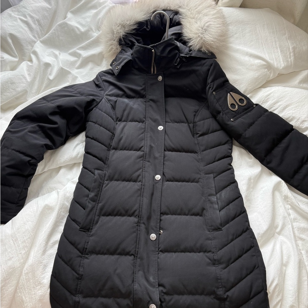 Moose Knuckles Black Puffer Jacket with Fur Hood